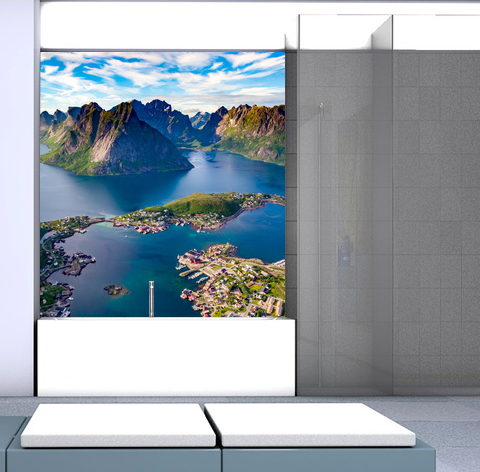 Panel szklany z krajobrazem gór i morza