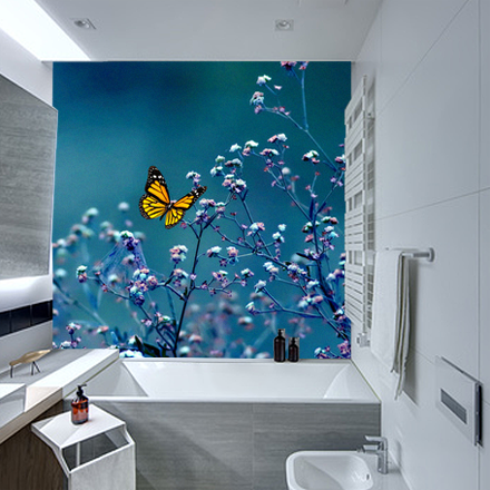 Panel szklany do łazienki z motywem motyla i gałązek